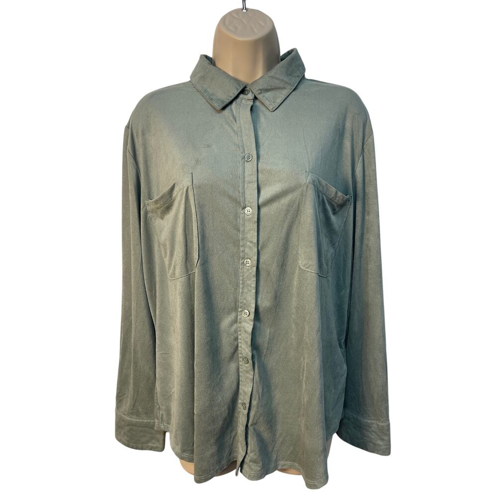 Grace The Perfect Fit Long Sleeve Button Up Green Suede‎ Feel Shirt - XL